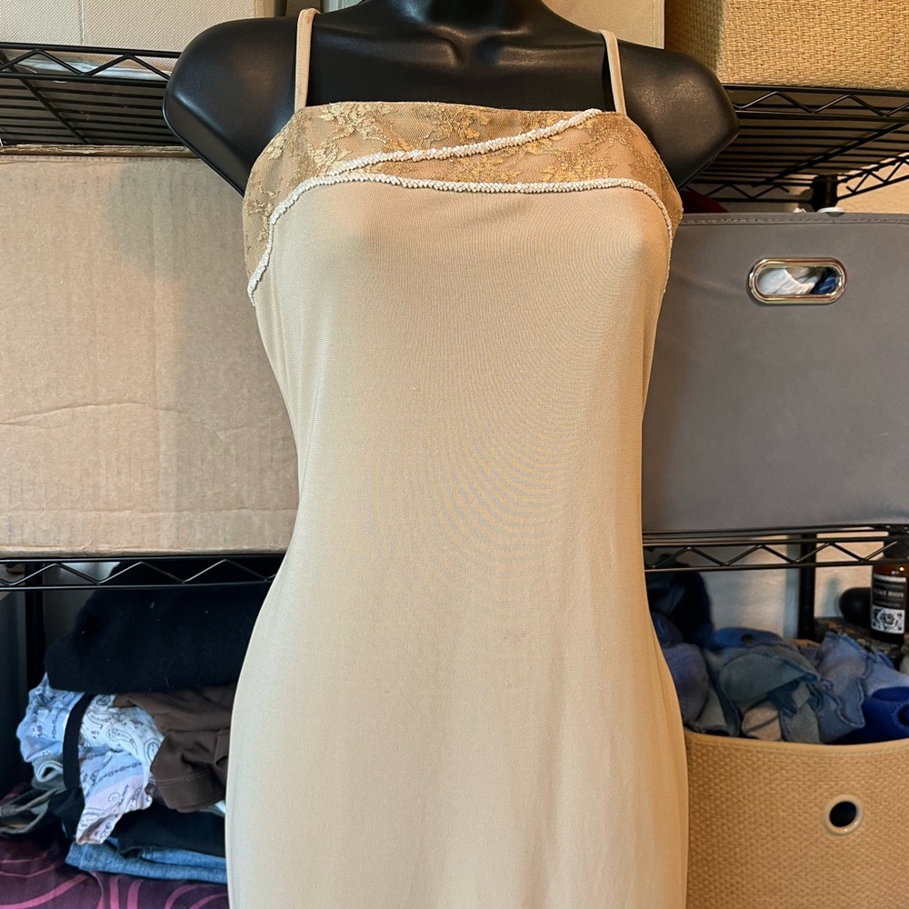 Cream Lace-Trim Slip Maxi Dress with Spaghetti Straps - Picture 4 of 9